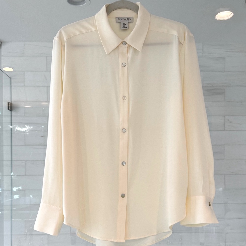 Rachel Zoe Women’s Ivory Silk-Blend Dress Shirt Mother of Pearl Buttons